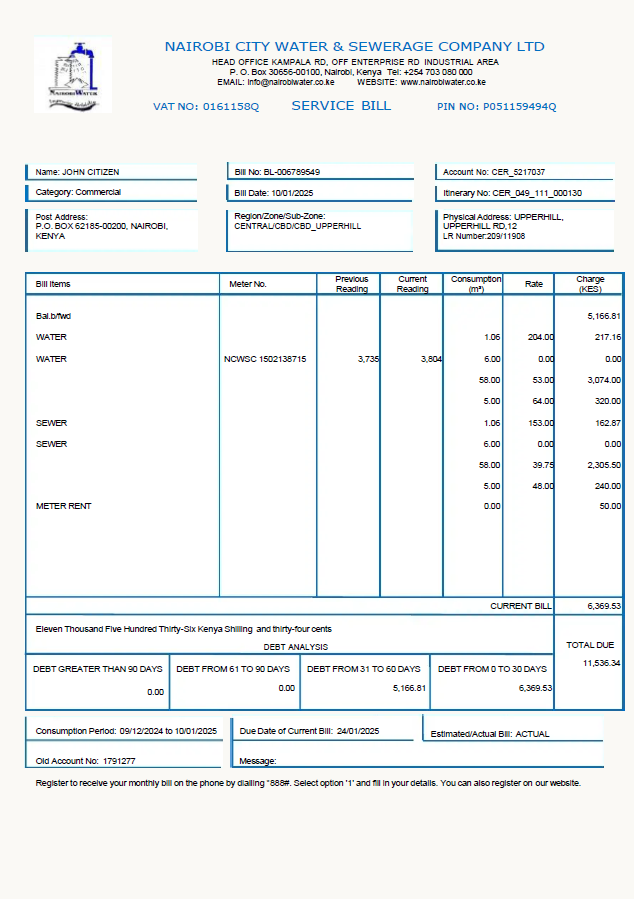 Kenya Nairobi City Water and Sewerage Company utility bill template in Word and PDF formats